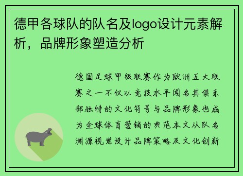 德甲各球队的队名及logo设计元素解析，品牌形象塑造分析